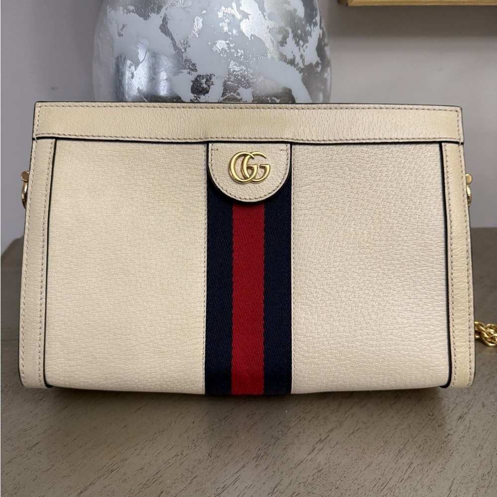 Gucci Beige Leather Shoulder Bag with Red and Blue Stripe